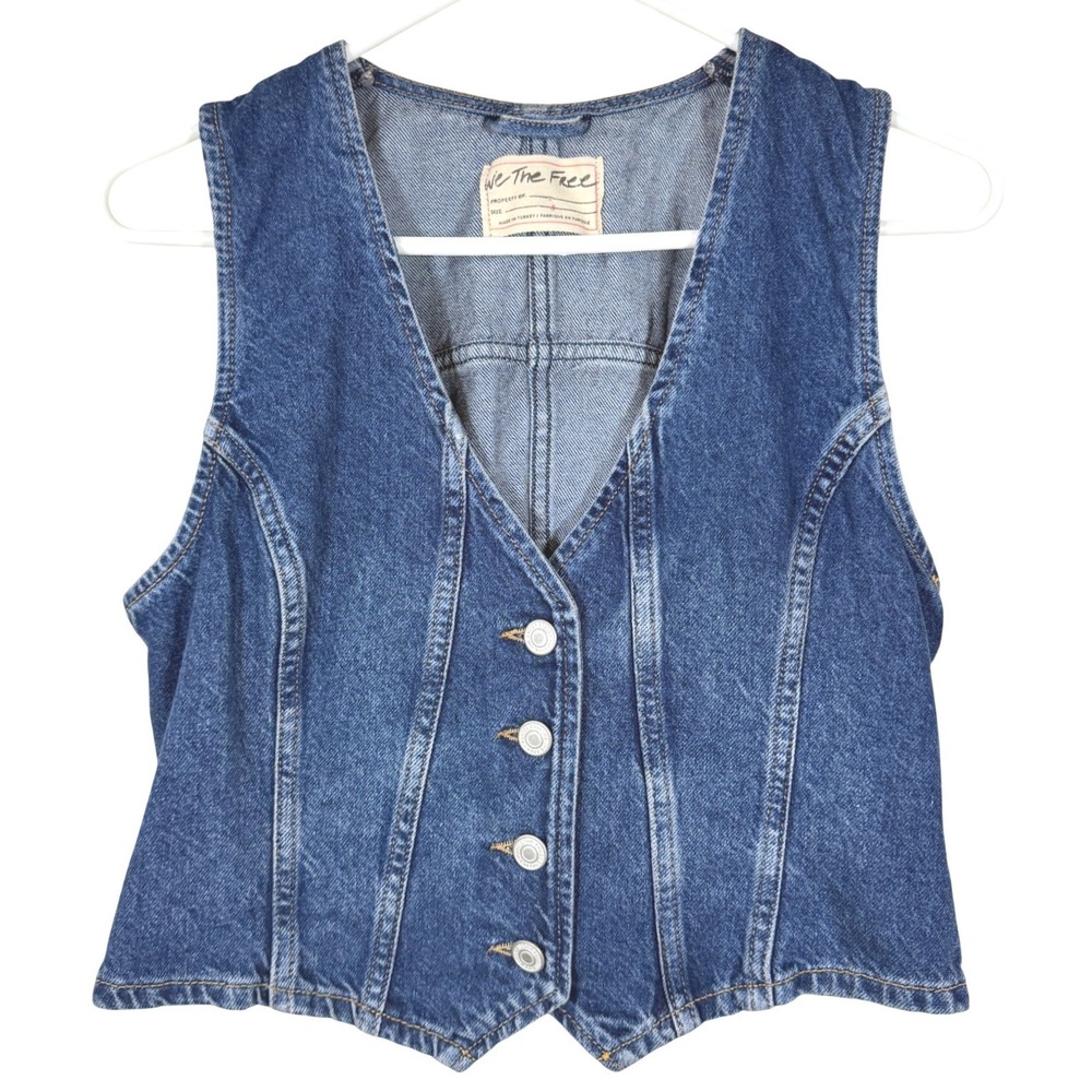 90s Style We The Free Tate Denim Vest Women SM Fitted Boho Western Button Cinch